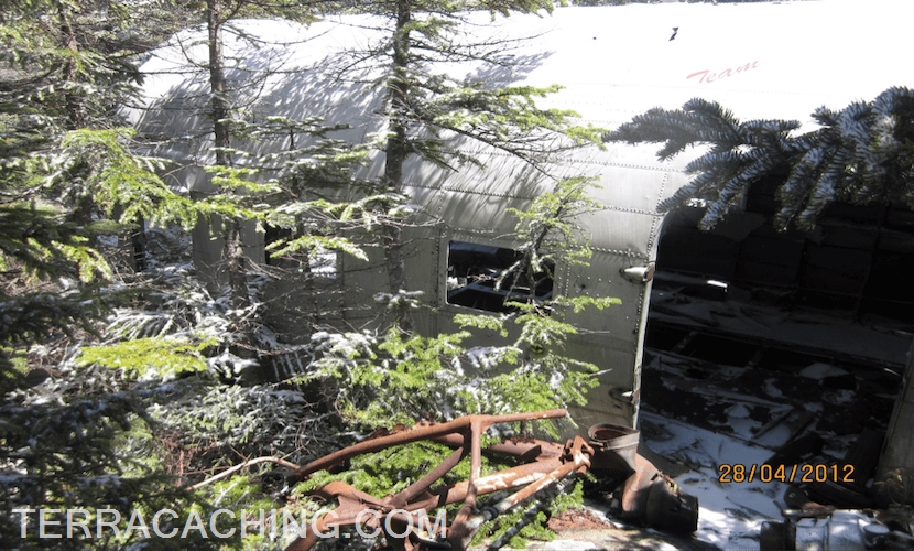 Airplane cabin wreckage in forest